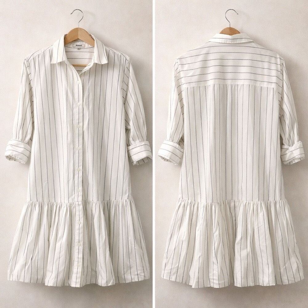 Madewell Pinstripe Poplin Bubble Hem Mini Shirtdress White Black Stripe Sz S